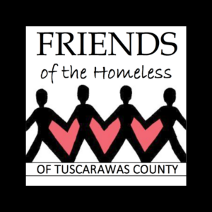 Friends of the Homeless of Tuscarawas County logo on a black background.