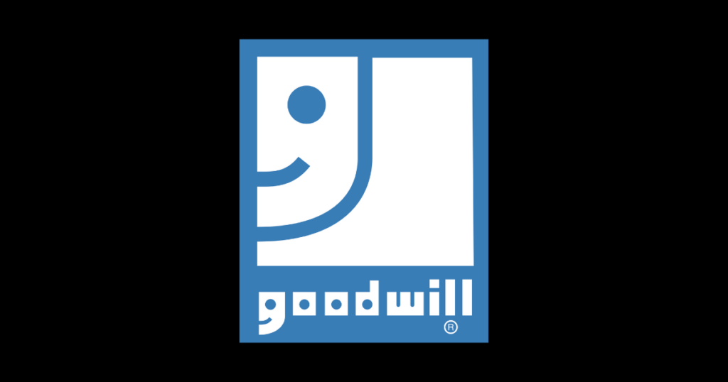 Goodwill blue and white logo with a black background.