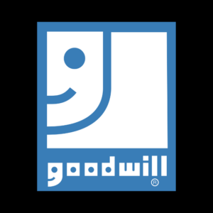 Goodwill blue and white logo with a black background.