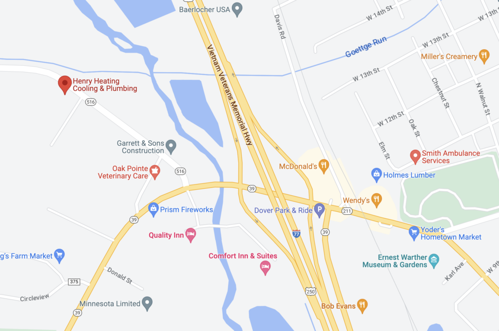 Image of a Google Map that shows the location of Henry Heating, Cooling and Plumbing