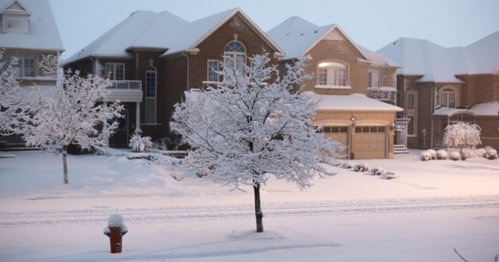 A nice neighborhood with a fresh blanket of snow. There are multiple houses and a few trees.